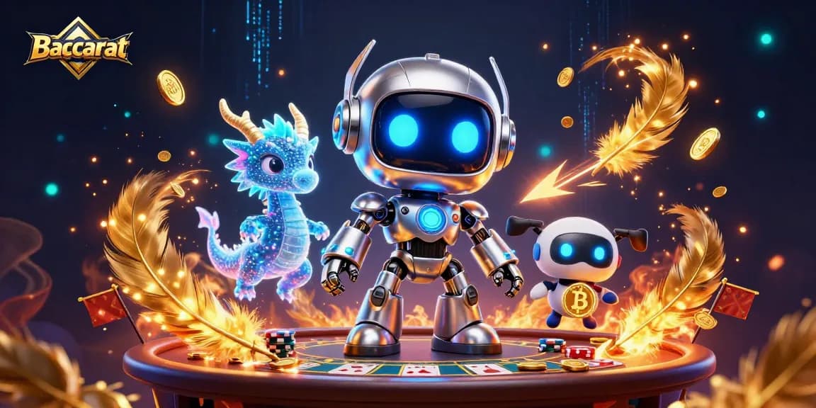 Baccarat scene with a cyberpunk robot and AI dragon surrounded by colorful casino elements.