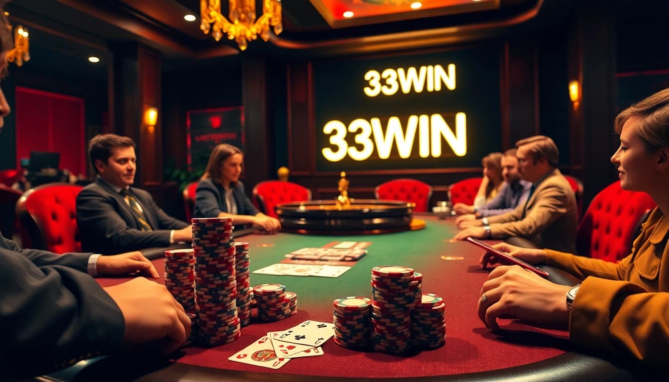 33WIN poker showdown showcasing a winning hand with vibrant chips and roulette in the background.