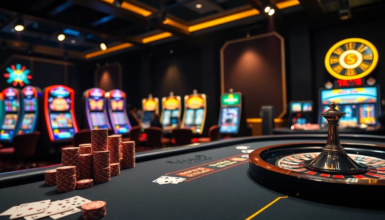 NK88 net showcases a vibrant casino table with poker chips, highlighting excitement and professional gambling.