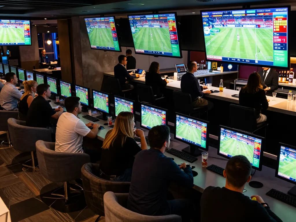 Engaging patrons betting in a vibrant sports betting lounge with screens showing live events