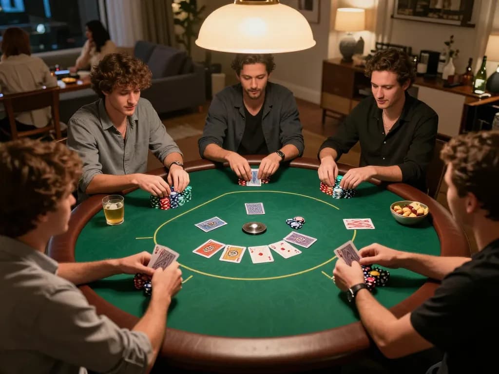 KJC poker players strategizing during a home game night with chips and cards visible