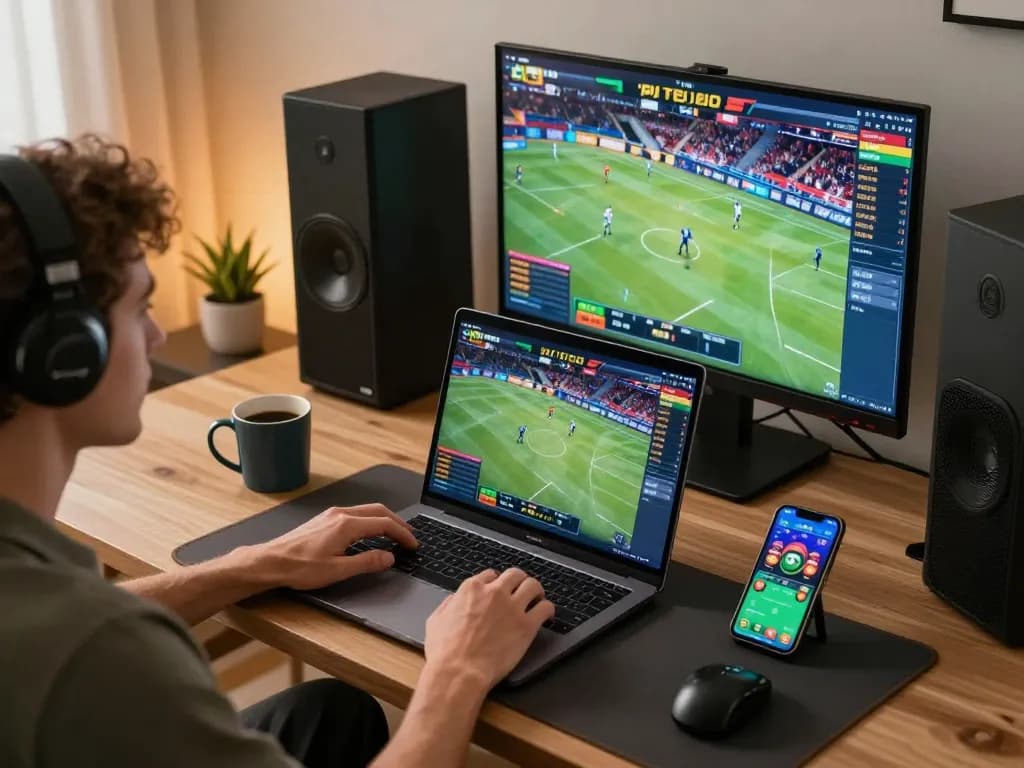 Online gamer using open88 to bet on sports with modern setup and vibrant screen.