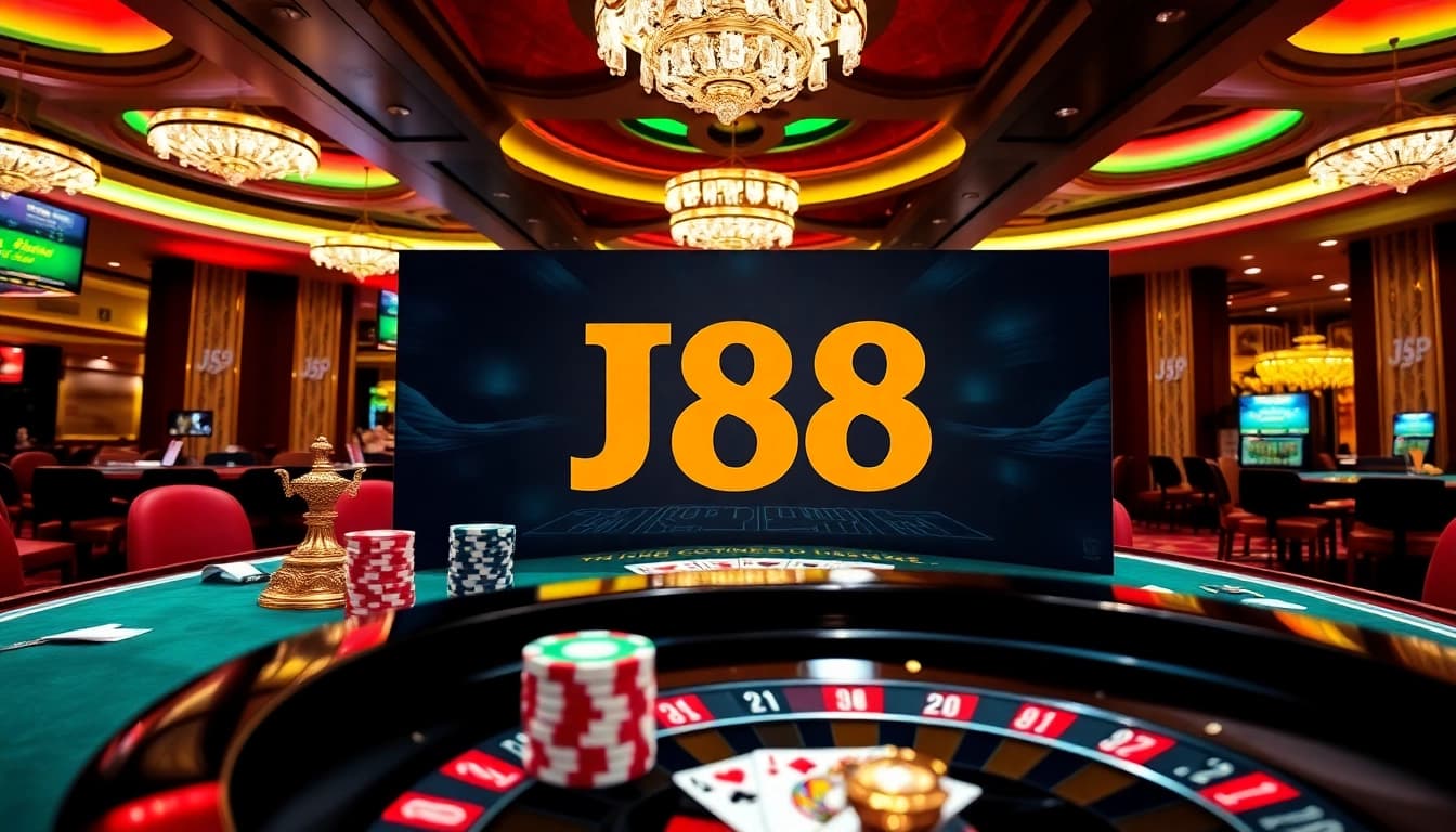 Experience thrilling gaming action at J88's vibrant online casino, featuring poker chips, cards, and roulette.