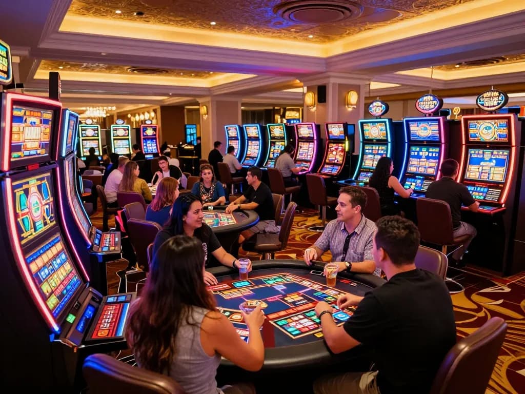 Kuwin players engaging in exciting slot games with vibrant lights and a lively atmosphere