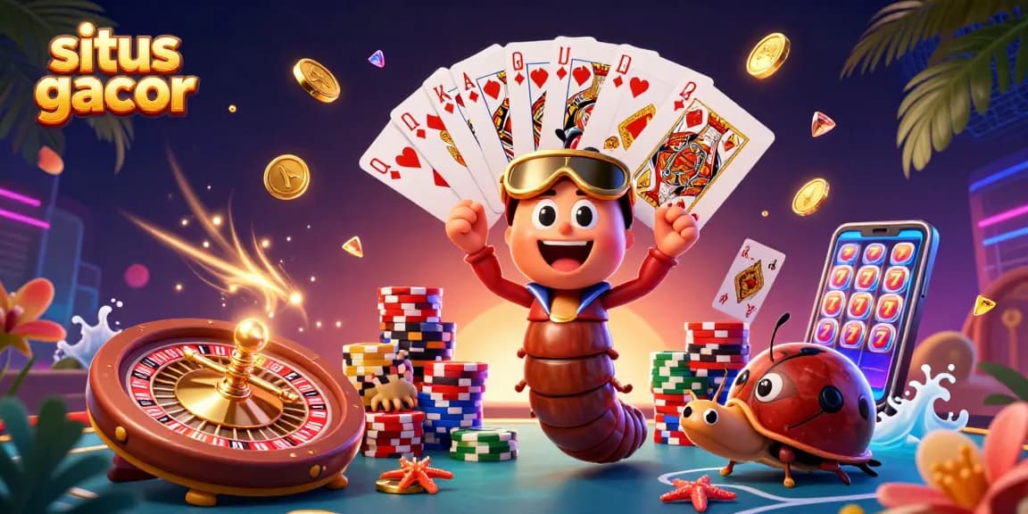 Experience betting on situs gacor with vibrant illustrations of characters, cards, and casino elements.