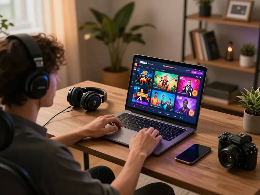 Engaging with the 88aa games platform on a stylish laptop in a cozy home office setup