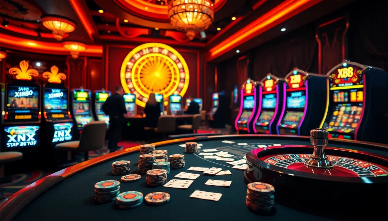 Experience thrilling poker action at Xin88 casino with vibrant gaming tables and lively atmosphere.