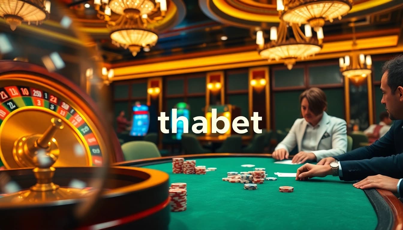 Players at the thabet casino engage in an exciting poker game at a luxurious table.