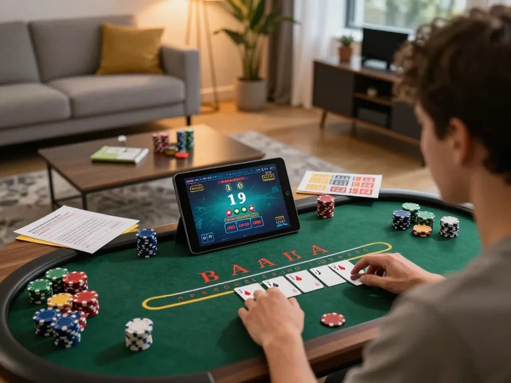 Track-courier user engaging in live dealer blackjack on a tablet in a cozy home setup