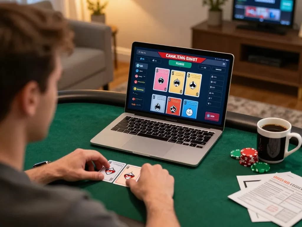 Engaging home poker gameplay highlighting Canada online casinos, player focused on laptop in cozy environment.