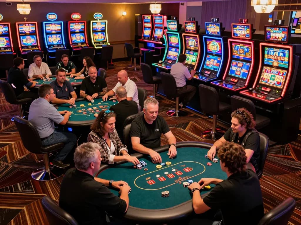 Players at F168 engage in high-stakes poker in a vibrant casino atmosphere, showcasing dynamic gameplay.