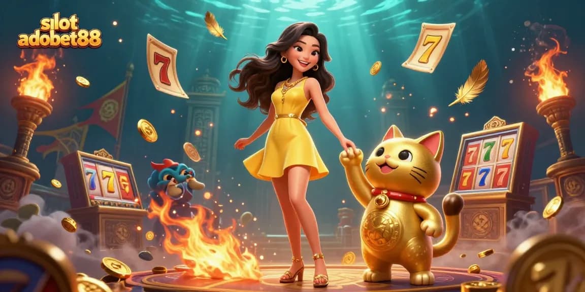 Experience winning moments at slot adobet88 with a joyful woman and a golden lucky cat mascot in a vibrant casino scene.