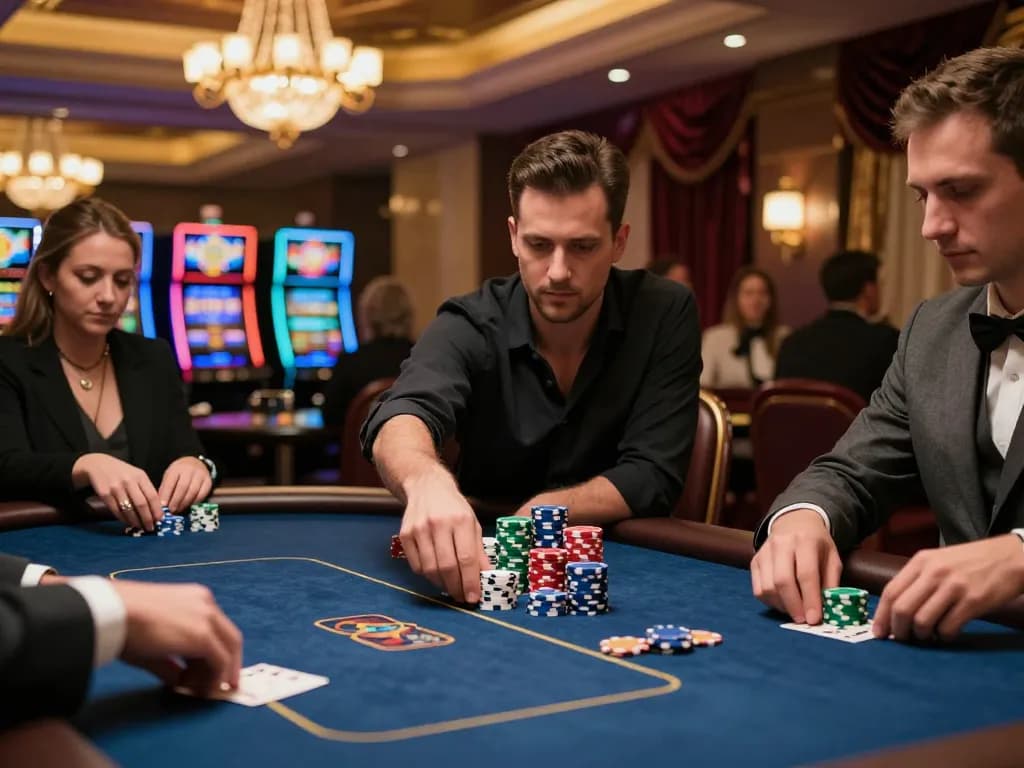 Engaged player calculating their strategy at a high-stakes table in a luxury casino, showcasing 주소모음 action and focused gameplay