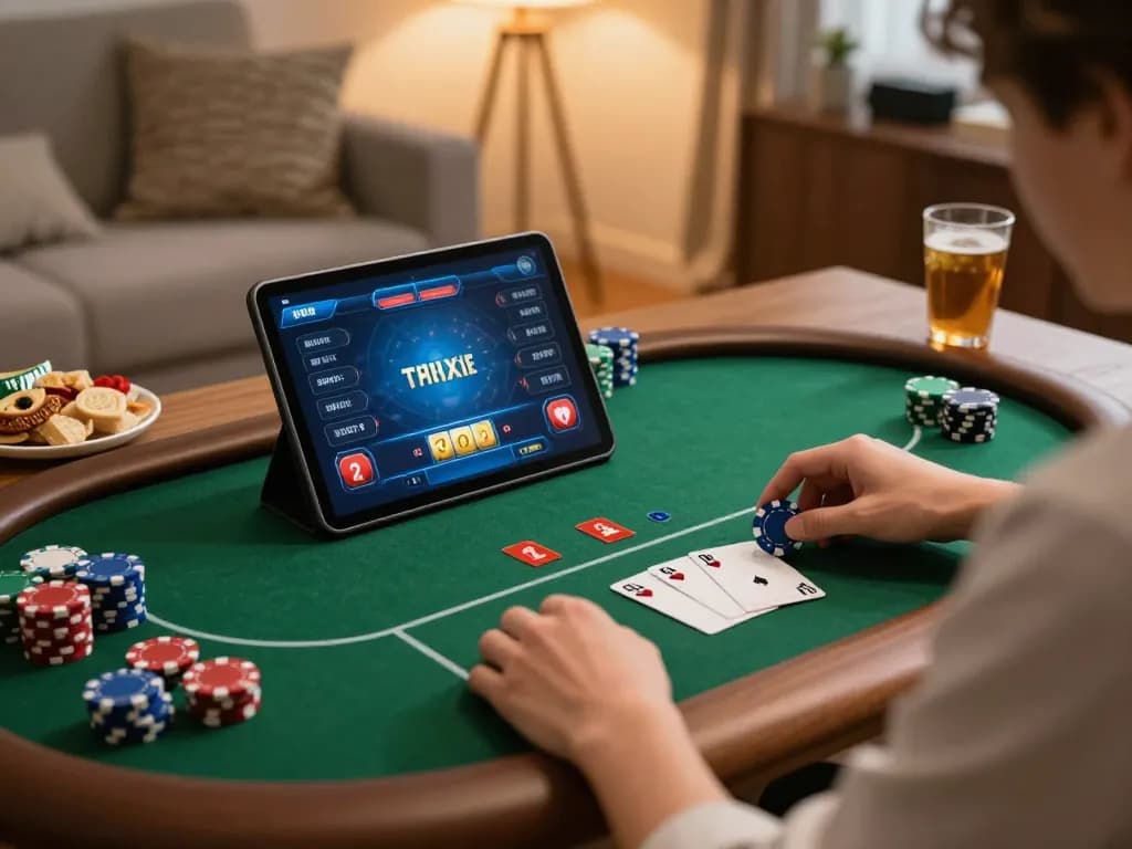 Experience thrilling poker gameplay on Win678 tablet in a cozy home setting.