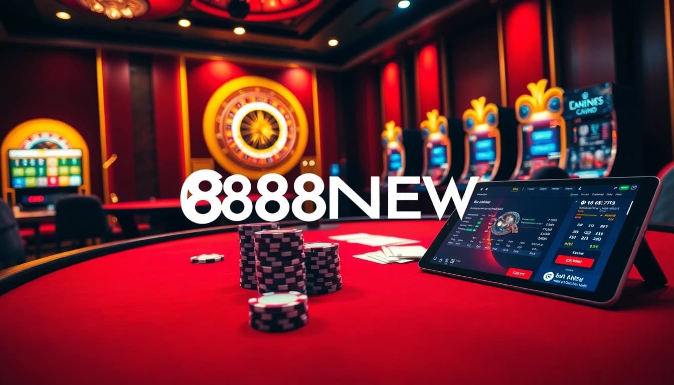 Experience the thrill of winning at 888NEW with vibrant casino elements and luxury.