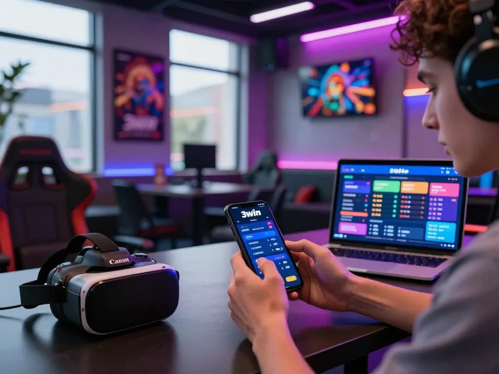 3win online betting scene with user engaging in live betting experience, modern gaming lounge setting.
