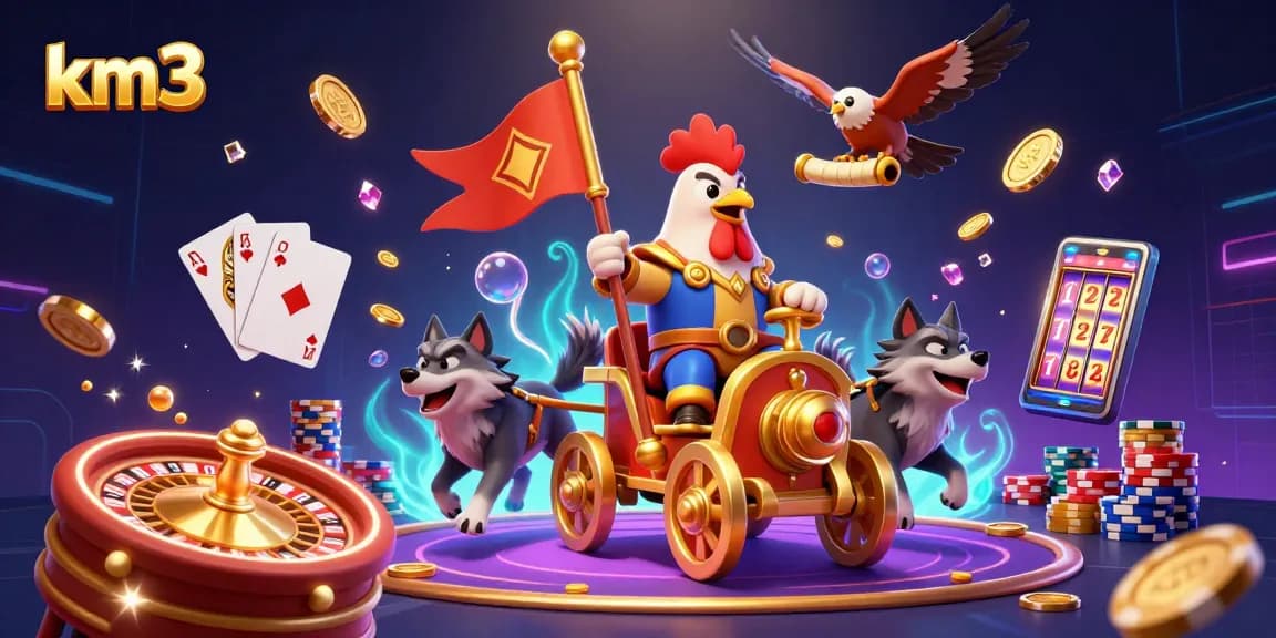Engage with km3 in this vibrant casino scene showcasing a rooster warlord and gambling elements