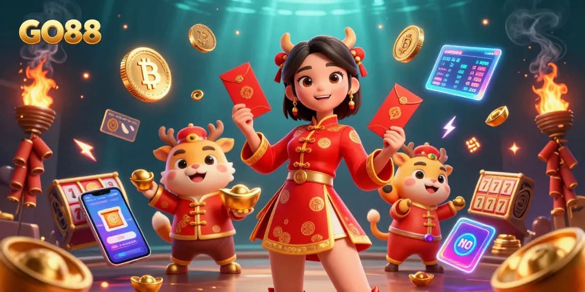 Engage with GO88's vibrant casino offerings through a festive 3D illustration featuring exciting gaming elements.