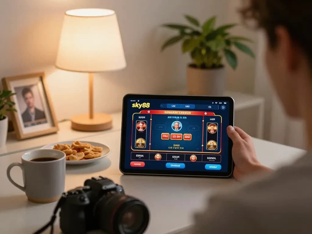 Engaging with the sky88 casino app on a tablet in a cozy home setting, emphasizing responsible gaming.