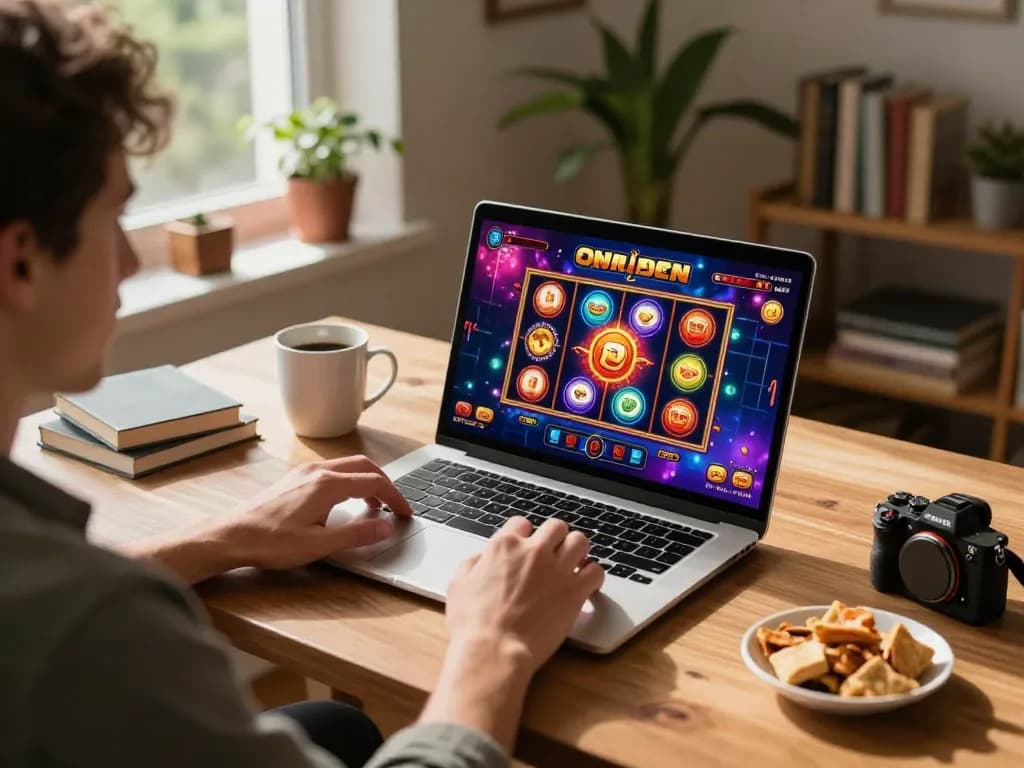 Engaging in slot online gaming at home with a laptop, drinks, and snacks nearby.