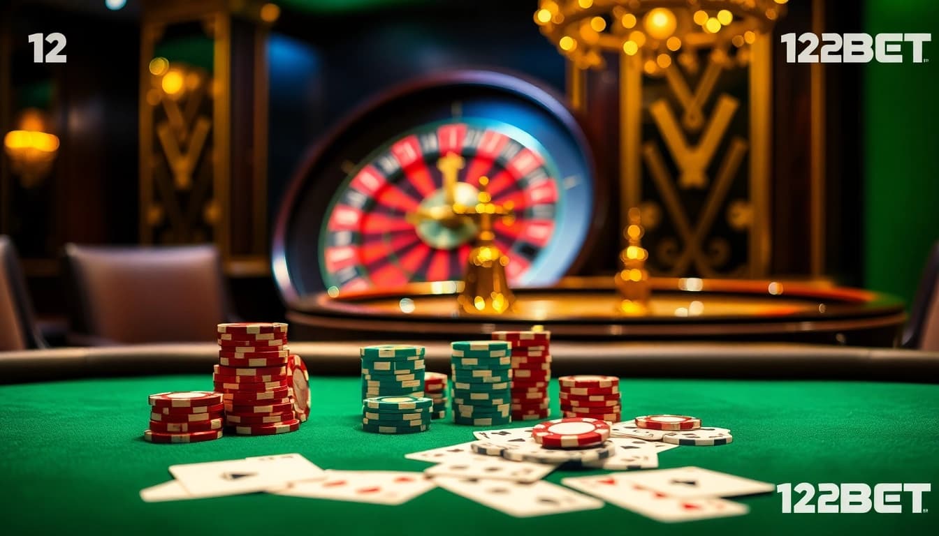 Engaging poker game at 12BET casino with luxurious setup and vibrant atmosphere.