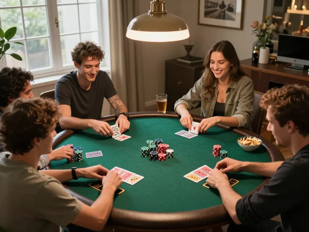Engaged friends enjoying a poker night with dinamit4d strategies, friendly competition evident.