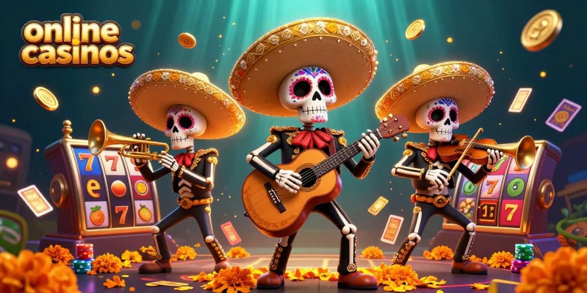 Engaging online casinos scene featuring colorful mariachi band with 3D slot reels and sparkling elements.