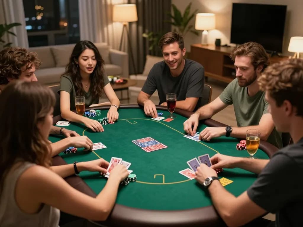 DASI4D link alternatif ditampilkan melalui suasana permainan poker rumahan yang menarik dengan teman-teman yang menikmati permainan strategis dan camilan