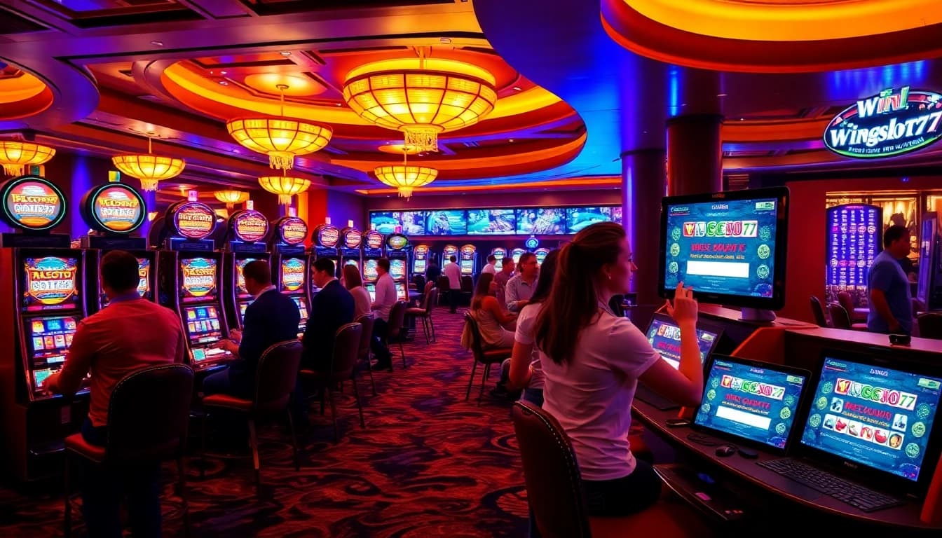 Experience the excitement of Wingslots77 Login with vibrant slot machines and happy players.