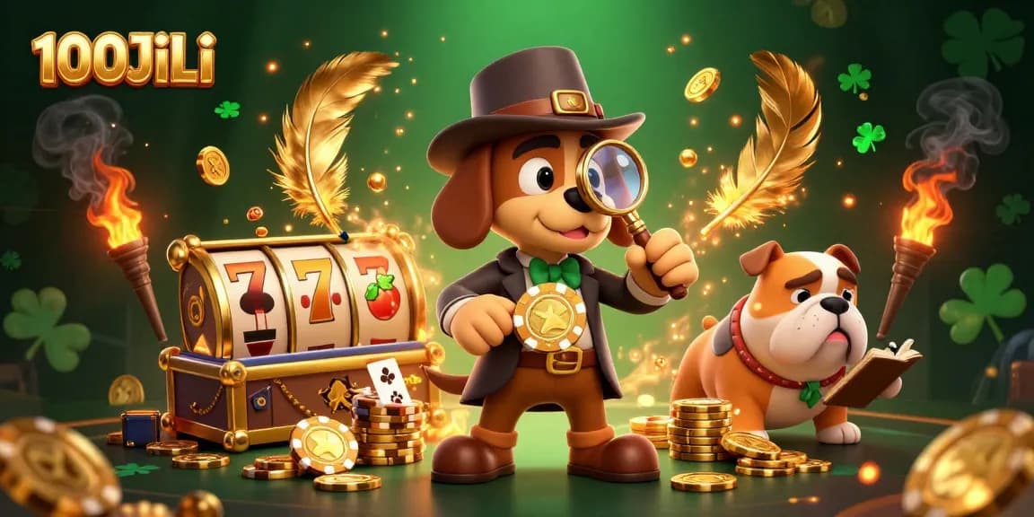 Engage in thrilling gameplay at 100JiLi with 3D characters exploring golden poker chips and slot reels.