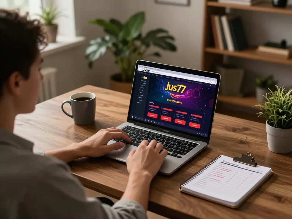 Engaging with jus77 online casino game at home, showcasing cozy gaming setup and strategies.