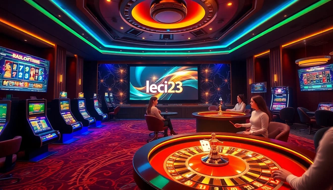 Experience thrilling gameplay at platform leci123 with luxurious casino elements, including vibrant slot machines and poker tables.