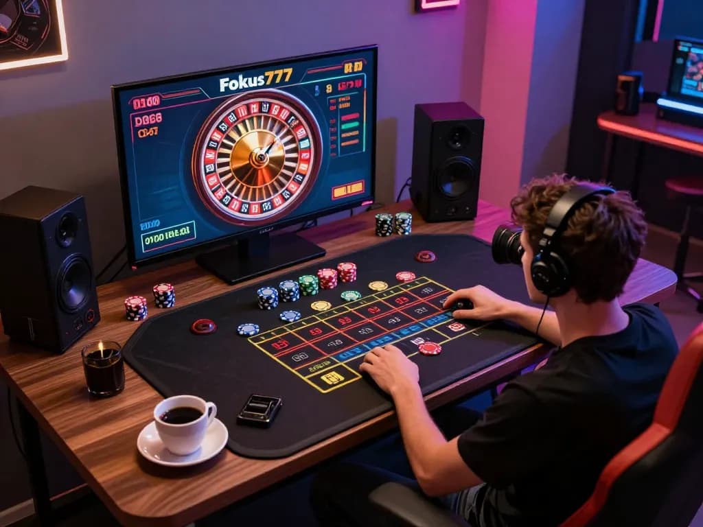 Engaged player interacting with Fokus777's live dealer game at modern gaming setup, capturing vibrant online casino experience.