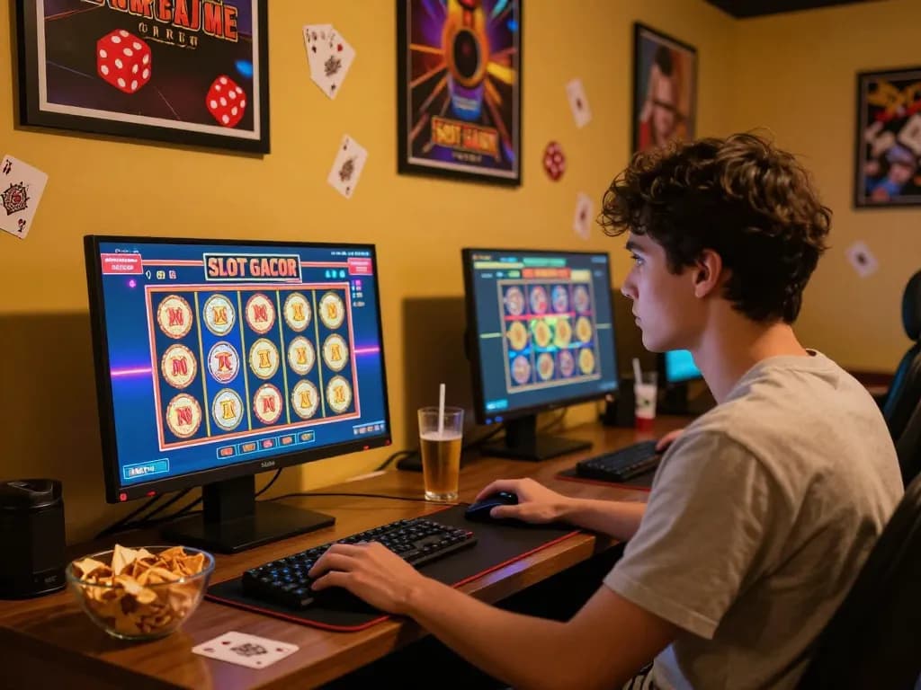 SLOT GACOR gaming experience with player focused on online slot machine interface in a cozy game room.