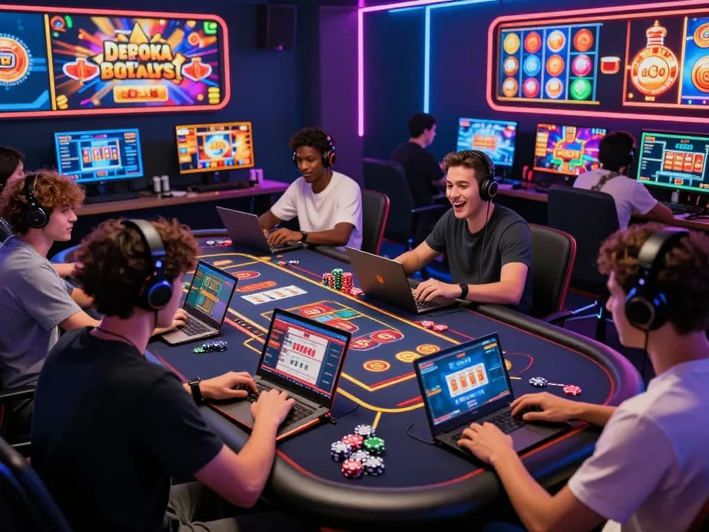Engaged players at https://qnk88.com/ enjoying a thrilling online casino experience with vibrant game graphics and lively atmosphere.