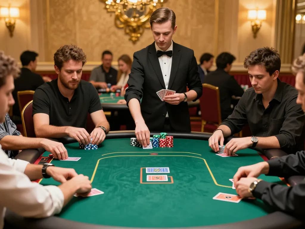 Pemain yang merencanakan strategi selama permainan poker AJAIBTOTO, suasana hidup yang menunjukkan permainan yang intens.