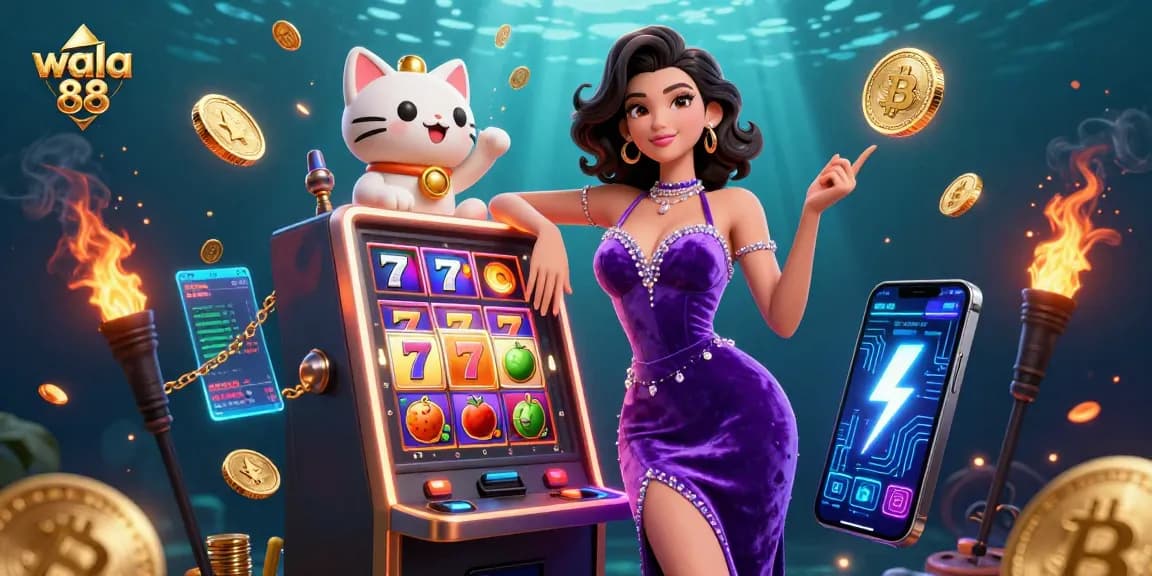 Experience thrilling jackpots at wala 88 with an engaging online casino scene featuring vibrant slots and a fortune cat.