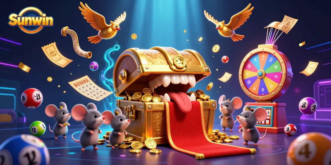 Spin and win with Sunwin's vibrant casino adventure featuring lottery elements and an enticing treasure chest.