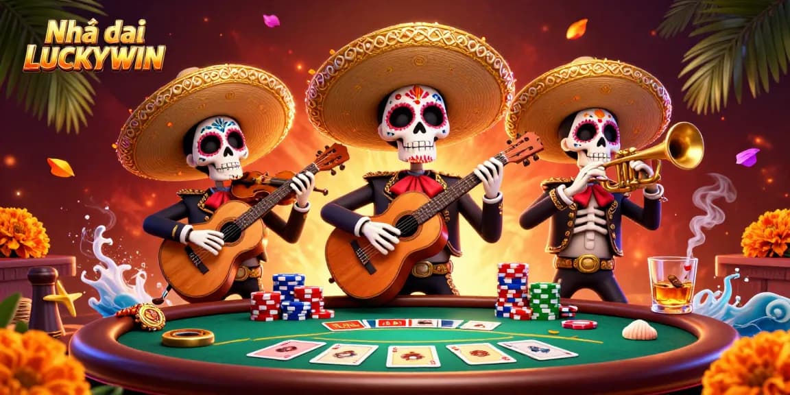 Experience the vibrant world of Nhà cái LUCKYWIN with a lively casino scene featuring three mariachi skeletons.