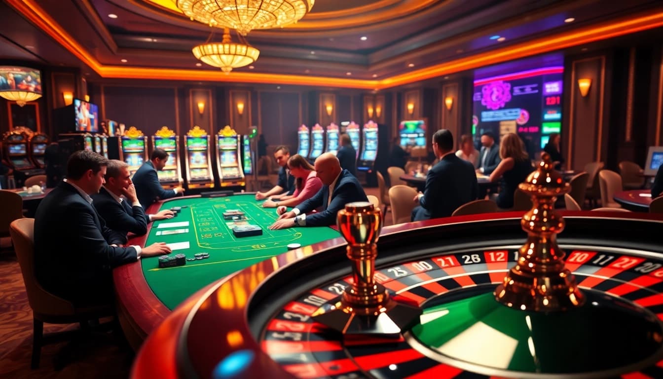 Experience the excitement of juragan77 at a luxurious casino table with engaged players and vibrant slot machines.