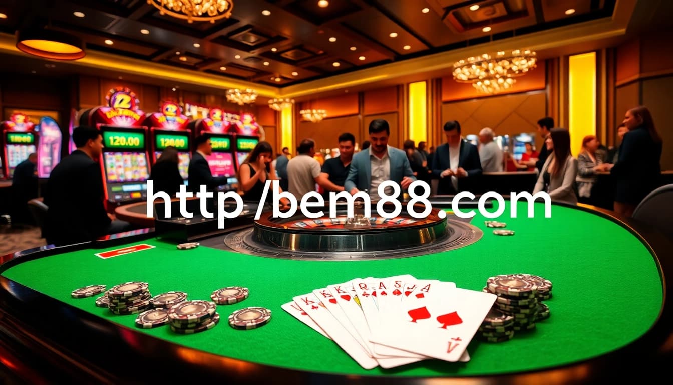 Players enjoying casino games powered by https://bem88.com with roulette and vibrant slot machines.