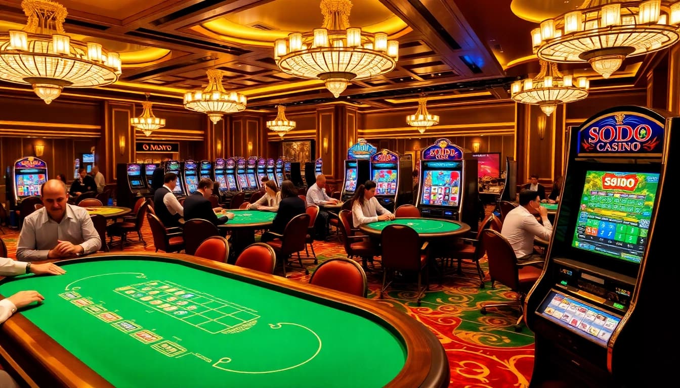 Engaged players enjoying games at SODO CASINO, surrounded by luxurious tables and vibrant slots.