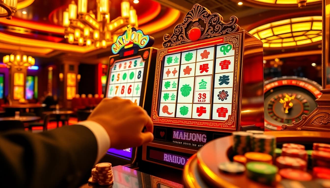 Pemain yang terlibat memutar gulungan pada mesin slot Mahjong berwarna-warni di kasino mewah.