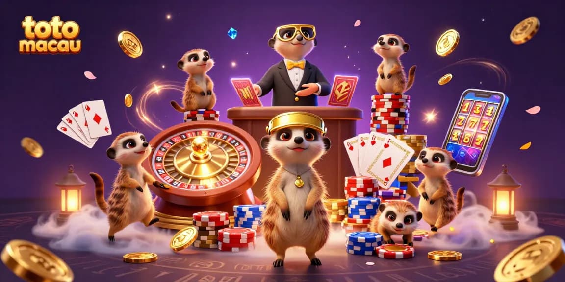 Toto Macau meerkats manage a vibrant casino, showcasing winning moments with colorful chips and illuminating coins.