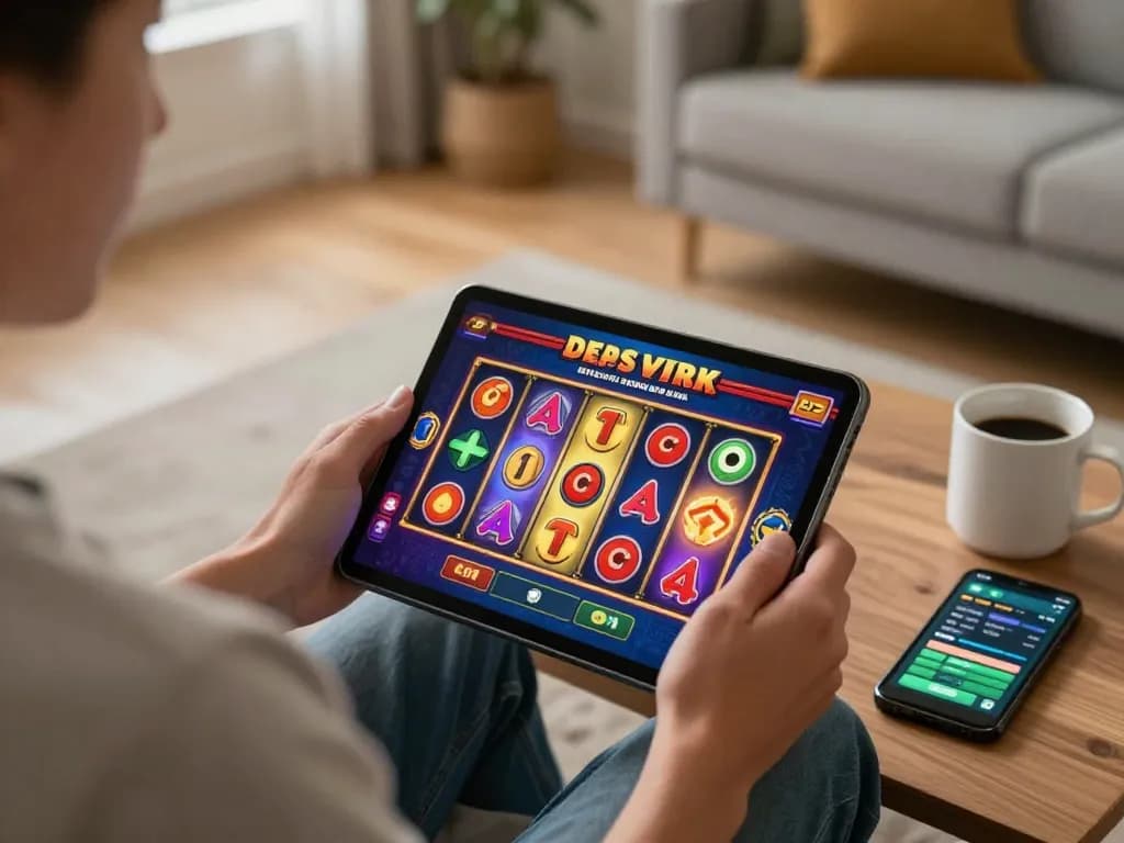 Person enjoying DEWASLOT online slots on a tablet, showcasing a vibrant gaming interface in a cozy setting.