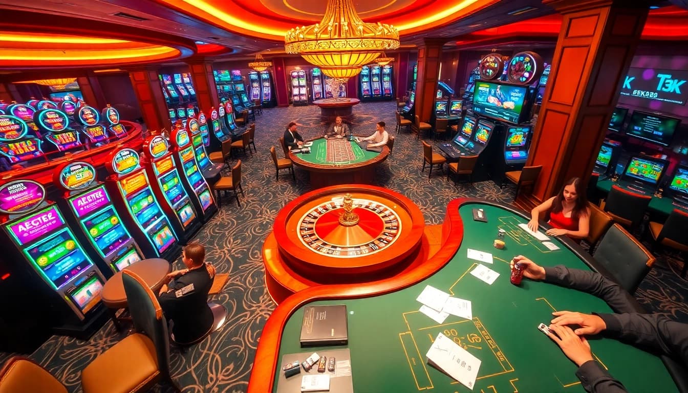 Experience the thrill of EK333 at a luxurious casino featuring vibrant slot machines and intense poker action.