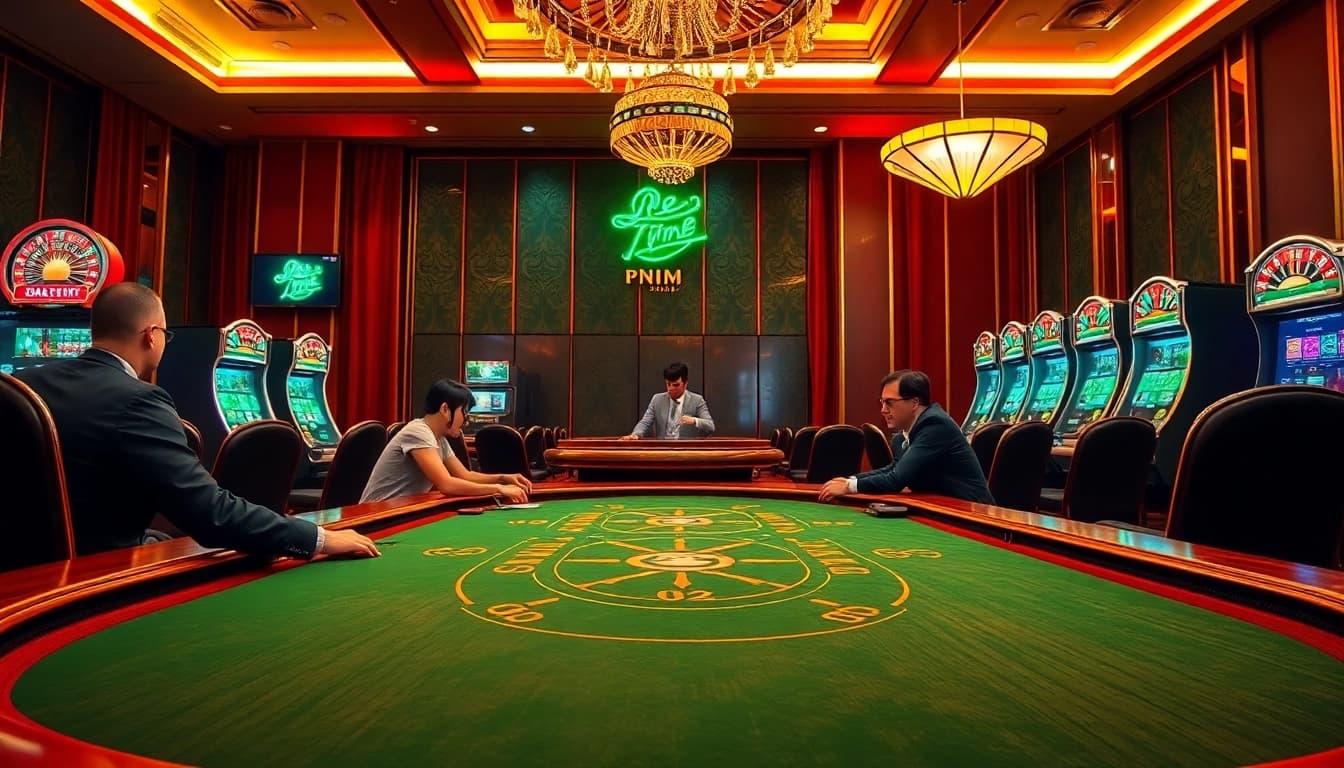 Exciting poker gameplay at u31thai.app with vibrant slot machines and a luxury casino atmosphere.