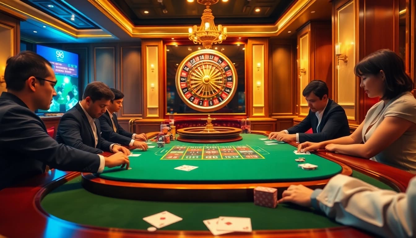 Visualize Blackjack excitement at 98win with players engaged at a luxurious casino table.