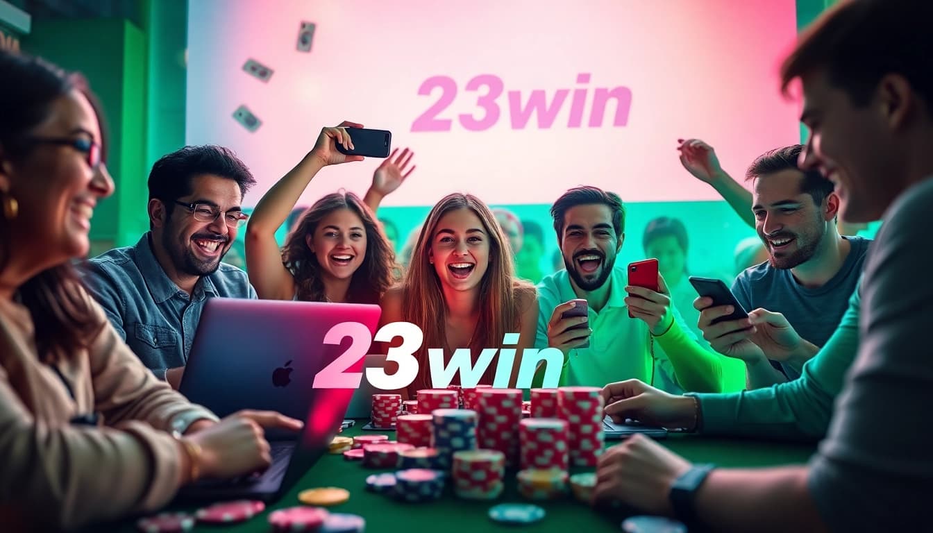 Excited players enjoying 23win's online gaming experience with vibrant atmosphere and dynamic elements.