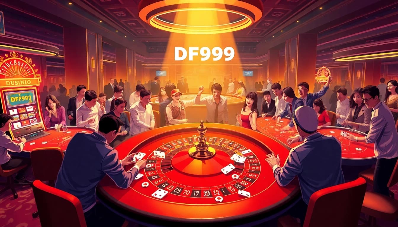 Experience thrilling gaming at DF999 casino with vibrant tables, chips, and excited players.